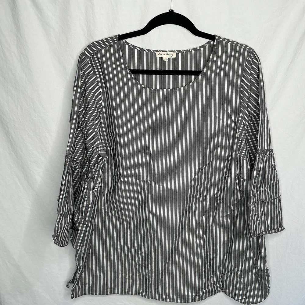Jane and Delancey Striped Ruffle Sleeve Cotton Top Women's 1X Gray White Peasant